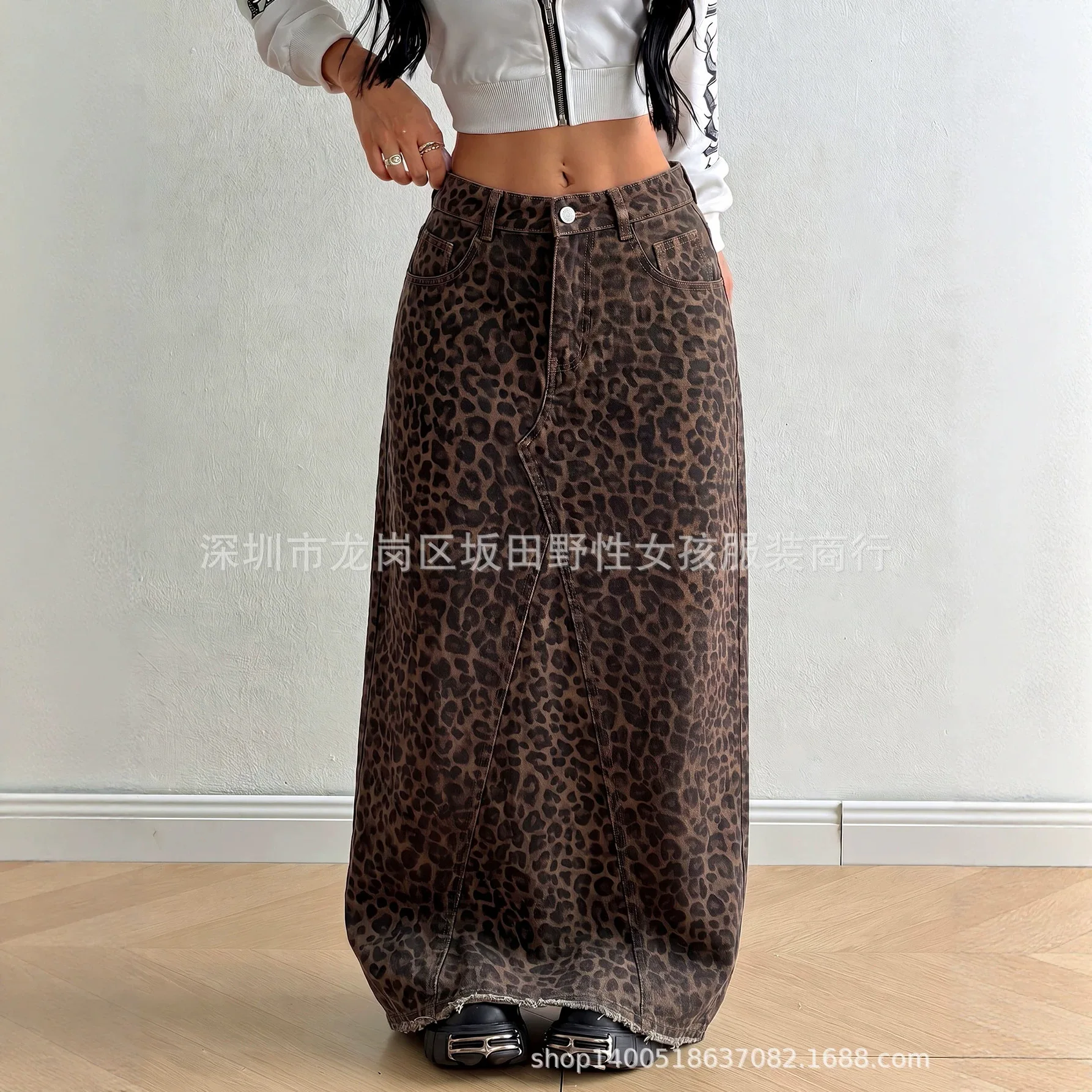 X--16763#   Leopard. Print Early Autumn. Loose-fitting Slimming Women's Denim Skirt Summer Long Dress Clothing Y2k、 Lace Femme
