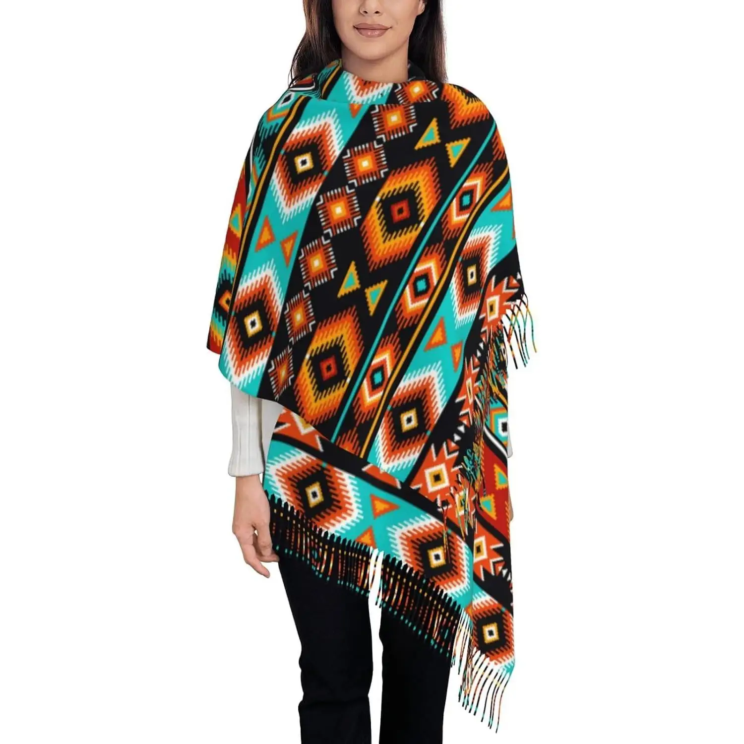 

Акварельный ацтекский шарф с этническим узором, шаль, модный шарф с кисточками и принтом для женщин, 7,6X28,3 дюйма