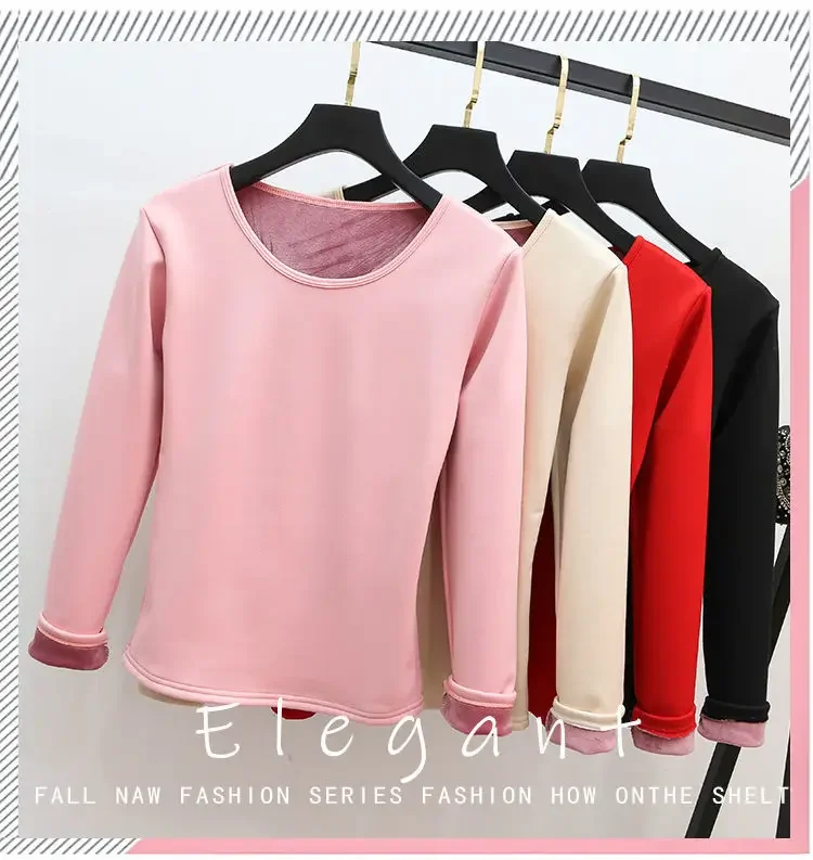 Women's Thermal Underwear Fleece Lined Tops Velvet Thickening Long Sleeves Bottoming Shirt High Quality Pullover Shirts KX67