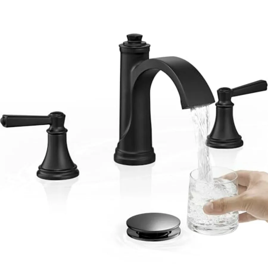 

Matte Black Bathroom Faucet 3 Hole Brass Waterfall Faucet for Sink 4-16 Inch Widespread 2-Handle with Hoses and Pop-Up Drain