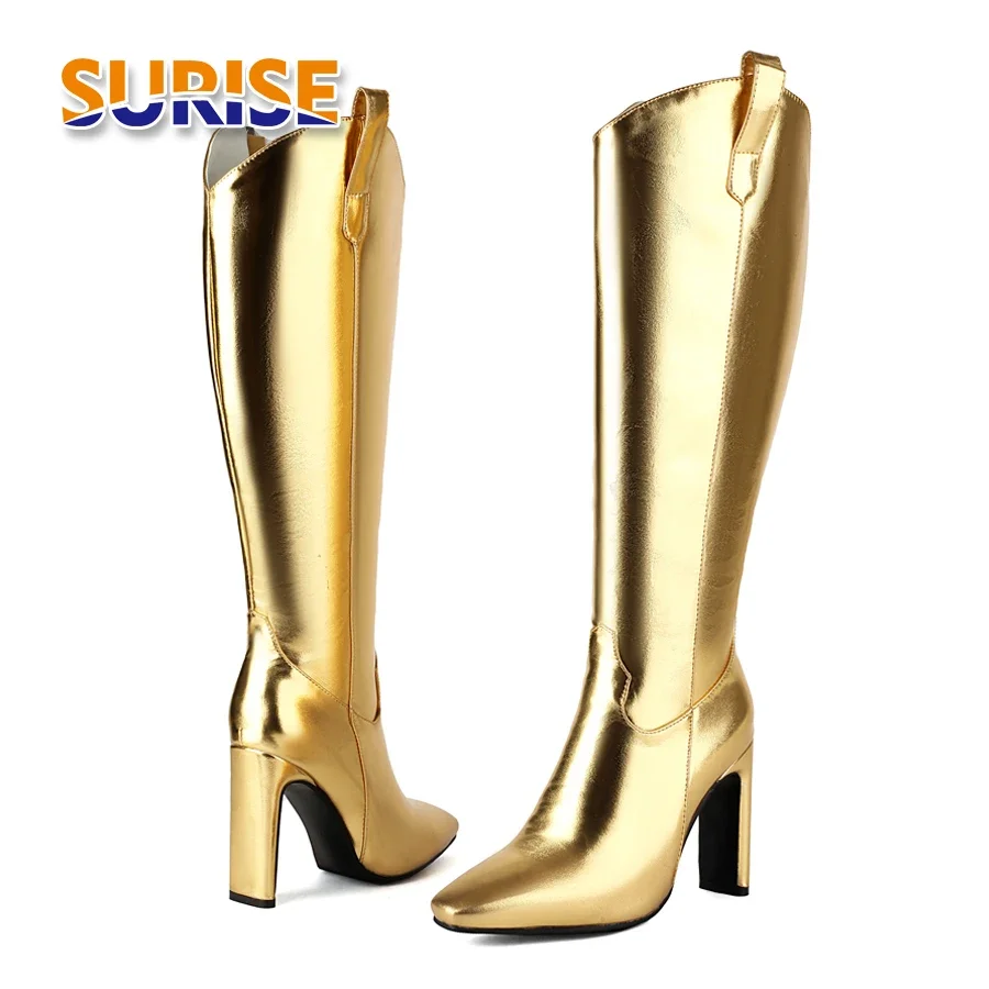 

Золотые, серебряные, металлические сапоги до колена в стиле вестерн, женские сапоги до колена с сплюснутым каблуком, зима-осень, белые вечерние клубные длинные сапоги на молнии с квадратным носком