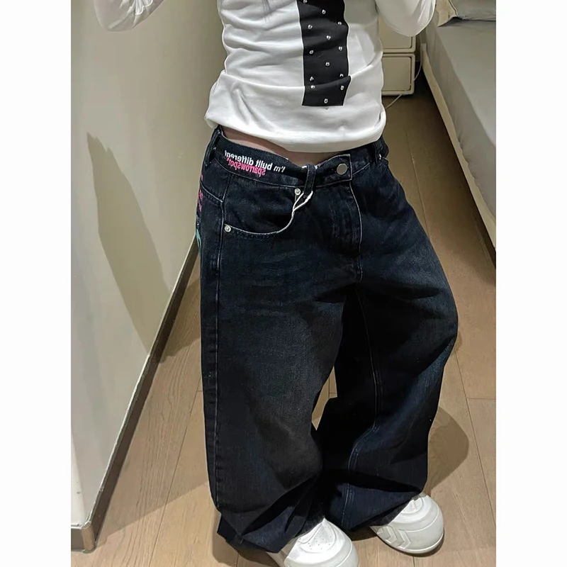 ZHIZOU Women Blue Gothic Y2k Oversize Jeans Harajuku Vintage Wide Leg Denim Trousers Aesthetic 2000s Style Boyfriend Jeans Pants