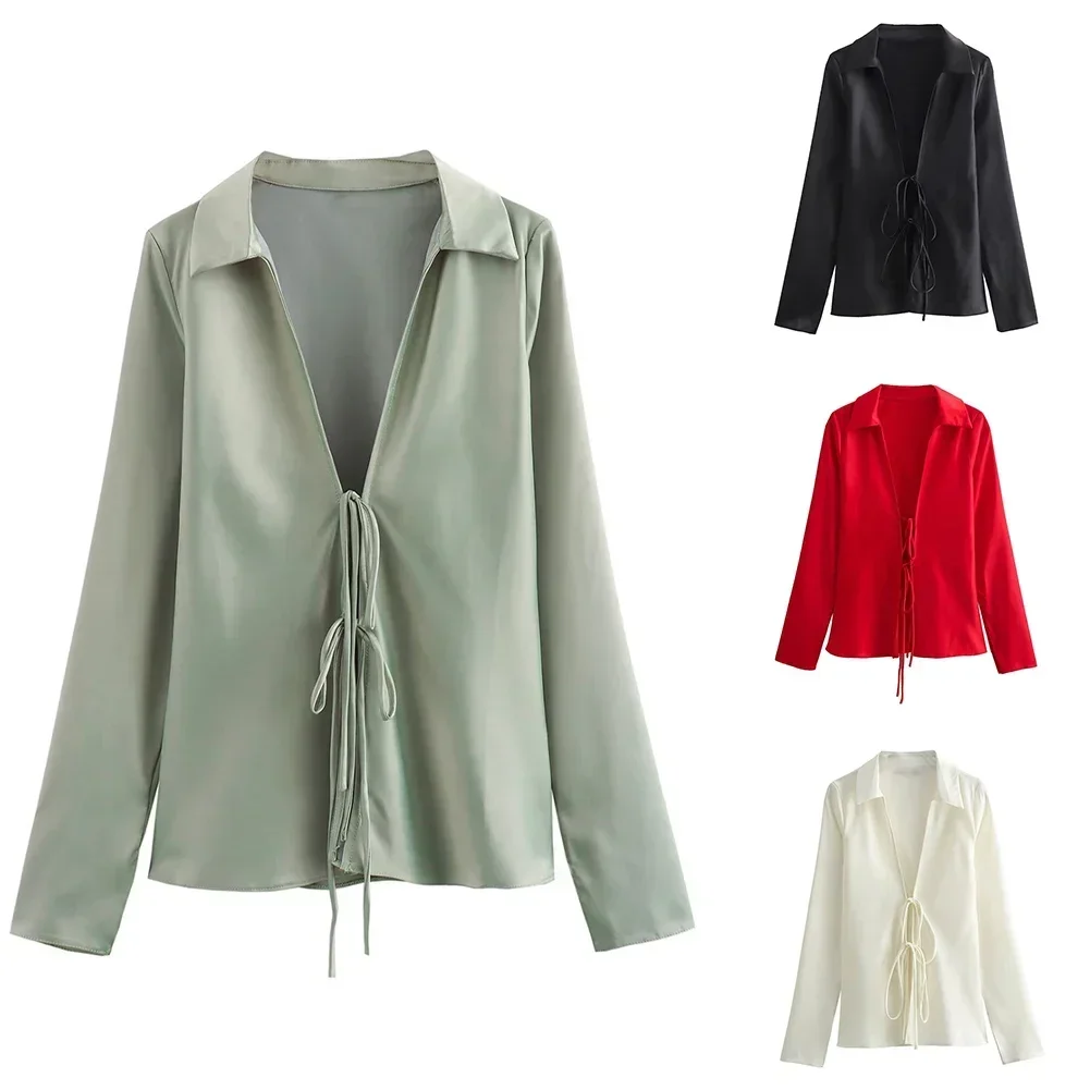 Women's New Fashion Long Sleeve V Neck Top Bow Tie Bowtie Casual Shirt