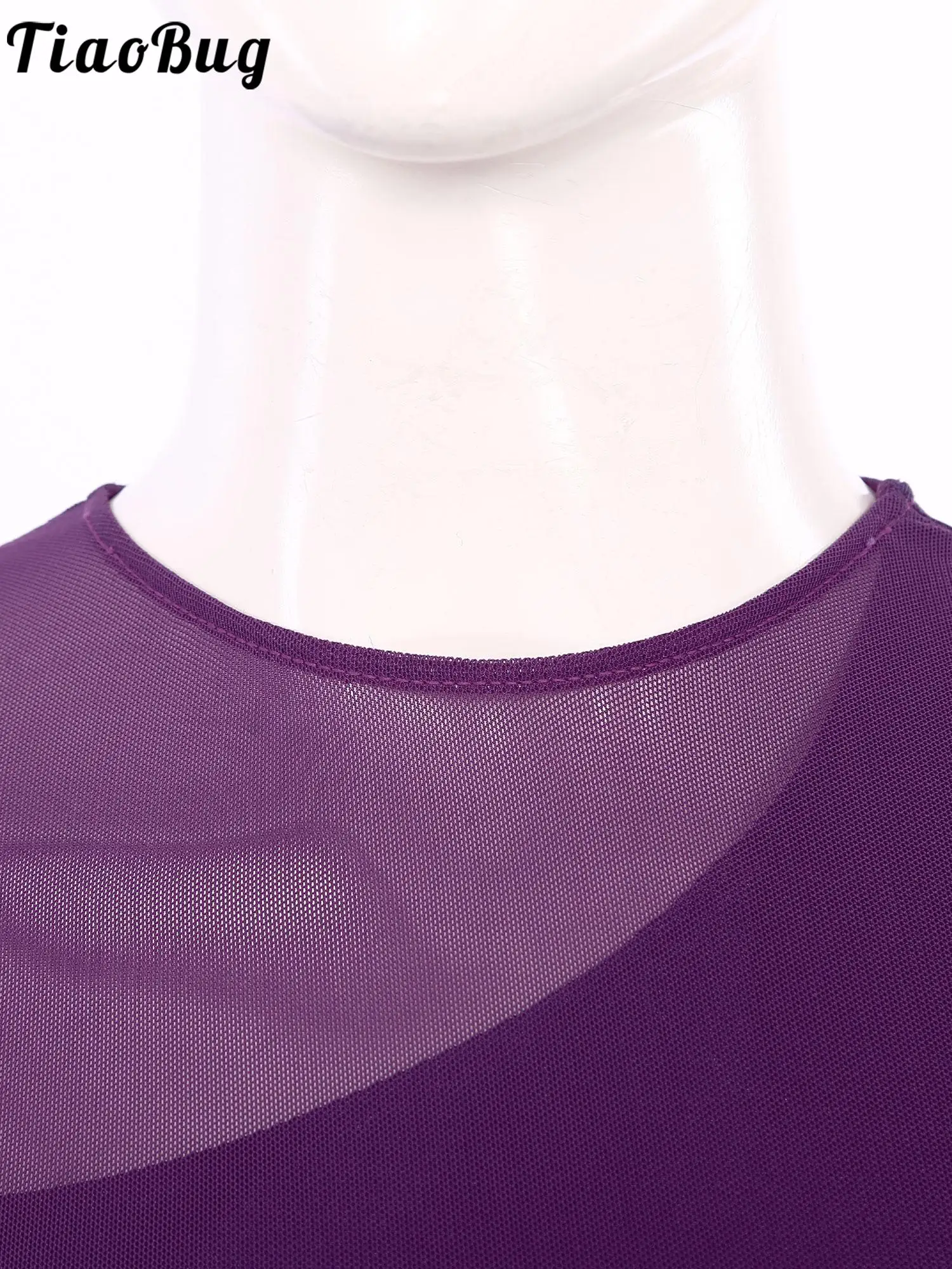 

Women Men Shiny Rhinestone Sheer Mesh Dress Open Back Asymmetrical Hem Sleeveless Dress for Figure Skating Dance Performance