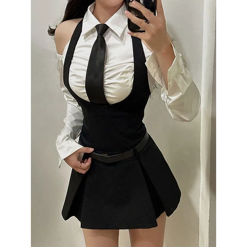 Woman Hot Girl College Style Suit White Shirt + Harajuku High Waist Y2k Mini Dress Club Party Dress Korean Fashion Sexy Suit