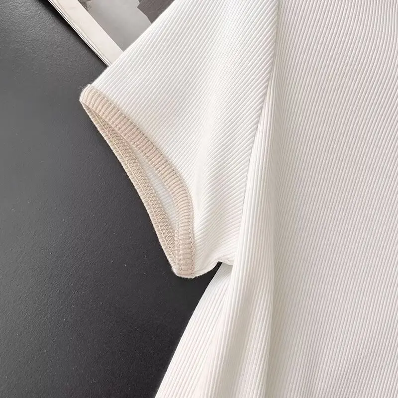 Maxdutti Round Neck Rbbed Knit Short Sleeved Top Summer Tshirt Woment Nordic Minimalist Color Coded Knitted T-shir