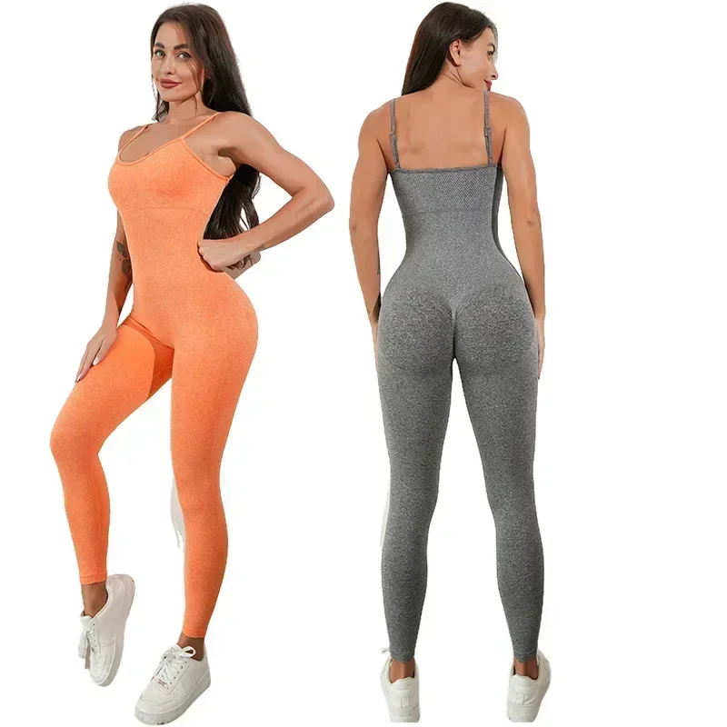 Jumpsuit Yoga tanpa kelim, jumpsuit olahraga Fitness Hip-Lift tali satu potong, Legging lari bodysuit latihan Gym baju olahraga untuk wanita