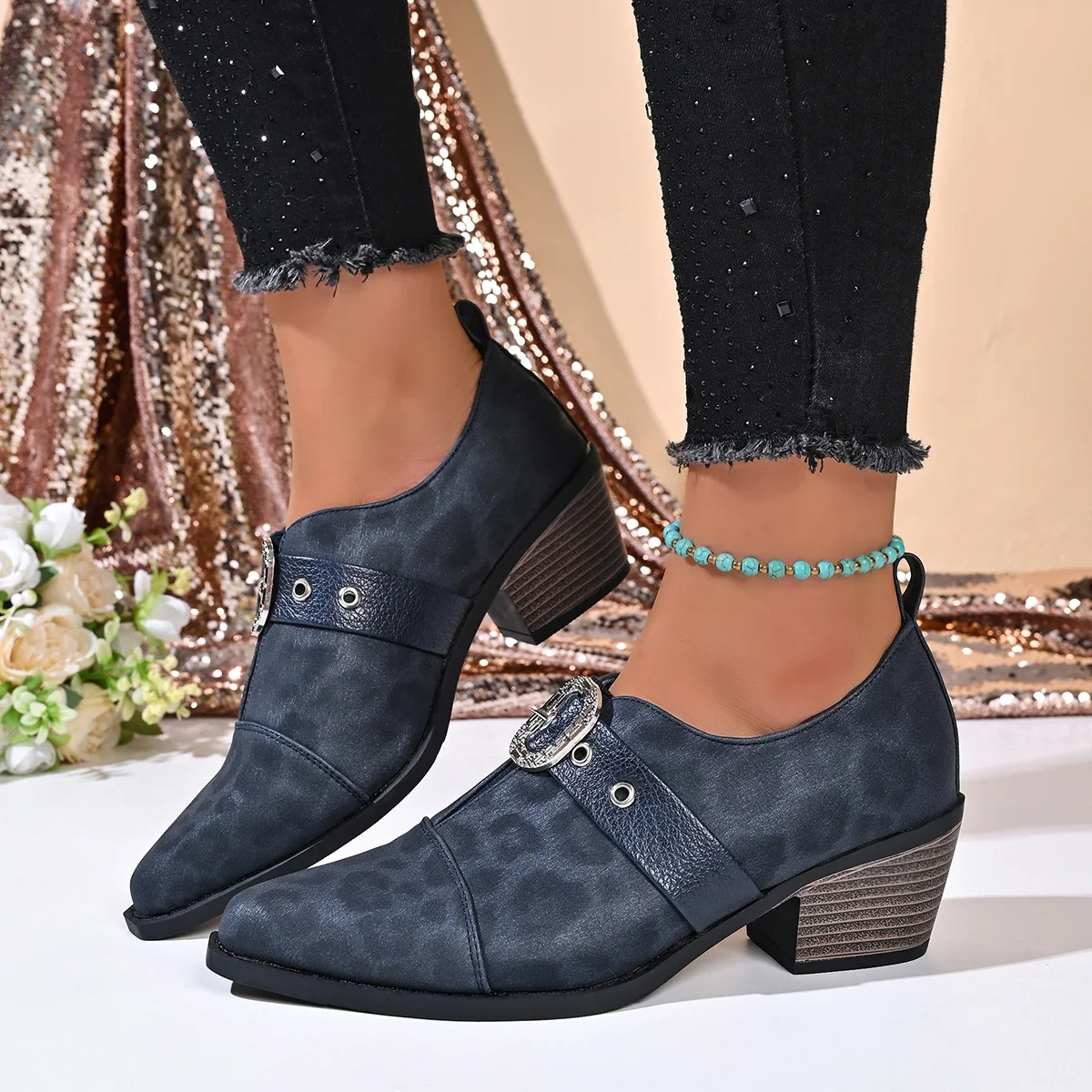 2026 Women Retro Western Leopard Print Brooch Pointed Toe Chunky Heel Deep Mouth Single Shoes Dark Glitter Booties Women Boots