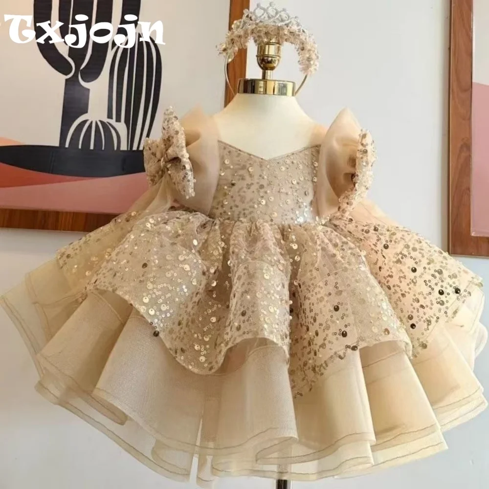 Txjojn Girls Sequined Princess Dress V Neck Bow Shoulder Decoration Layered Tulle Skirt Elegant Formal Party Gown for Kids