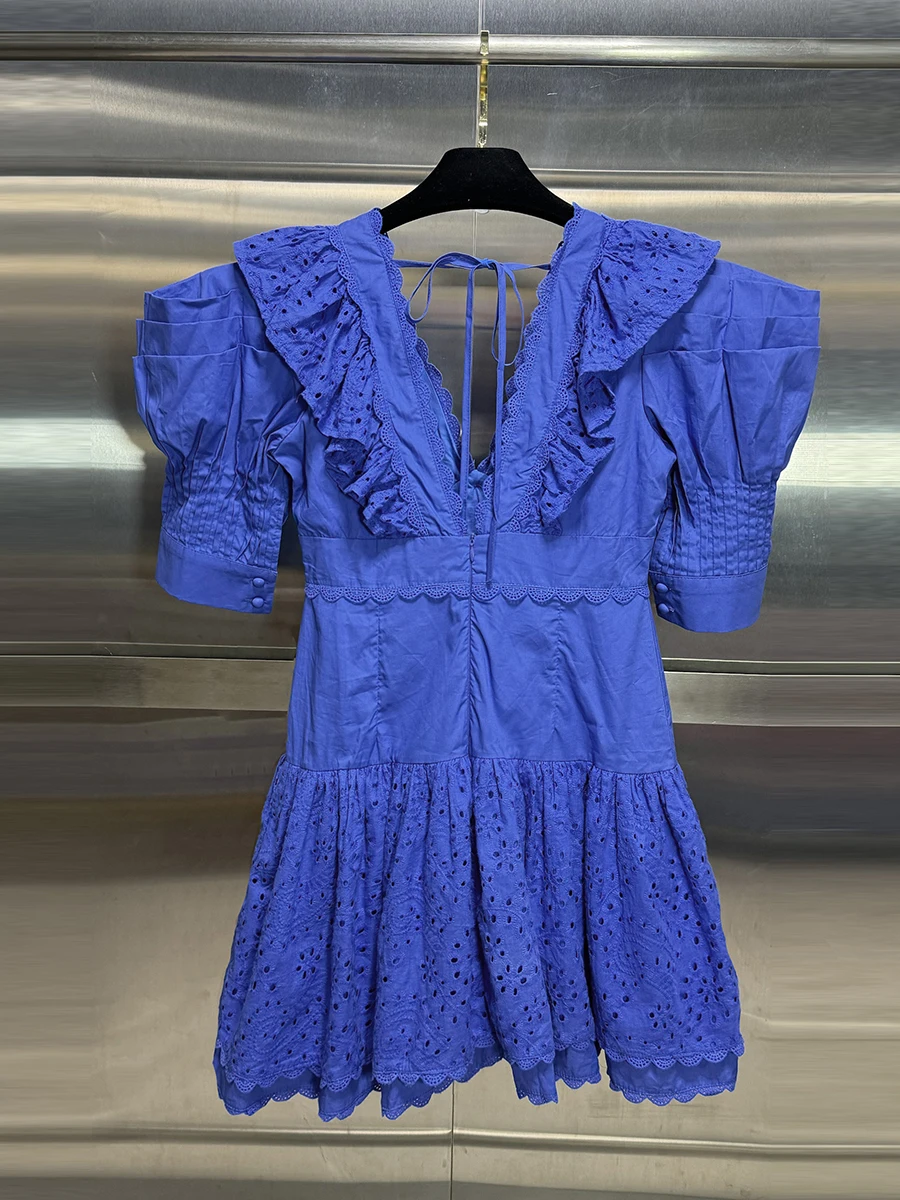 VGH Solid Slimming Spliced Folds Elegant Dresses for Women V Neck Short Sleeves Patchwork Single Breasted Dress Female Clothing