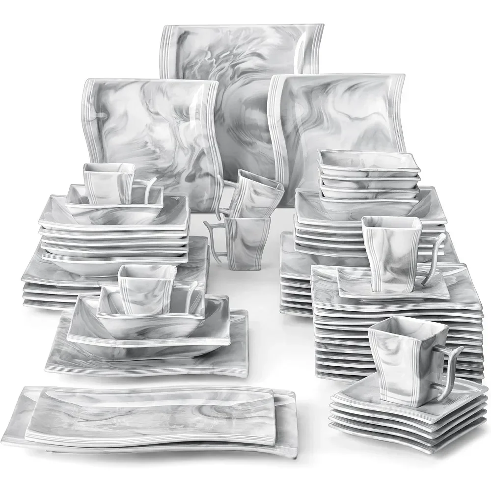 56 Piece Porcelain Plate and Bowl Set, 12 Piece Set, Square Tableware, Bowl, Serving Plate, Cup, Marble Tableware Set