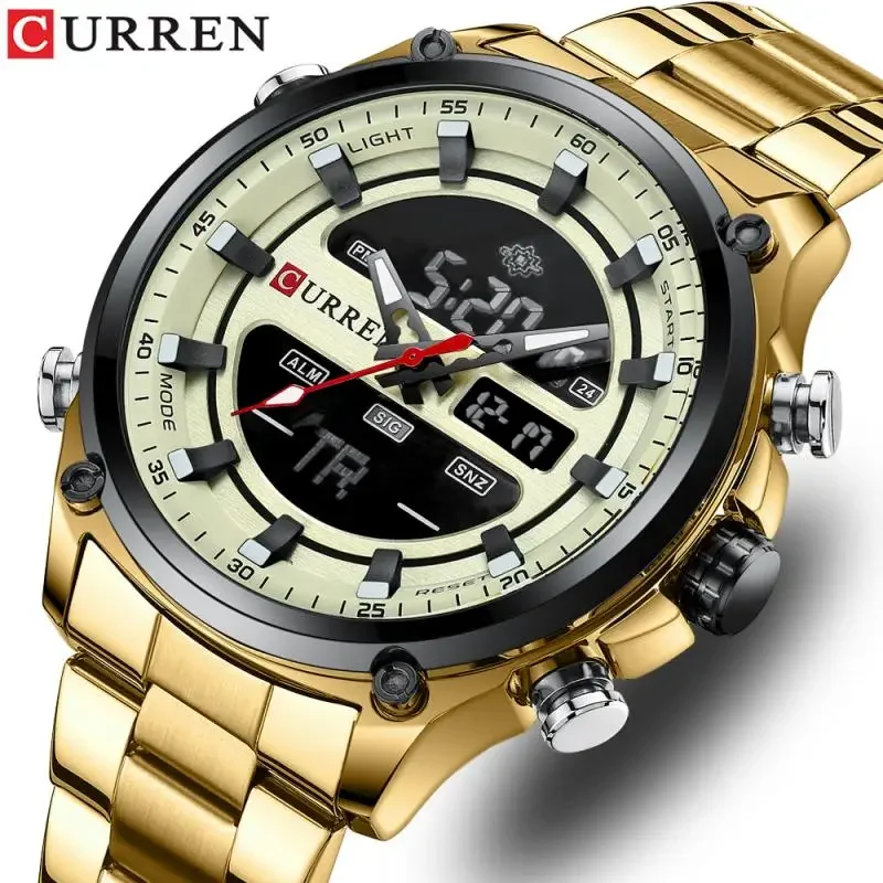 CURREN 8404 Sport Quartz Digital Watches for Men Led Luminous Multifunction Stainless Steel Wristwatches Dual Display Clock Male