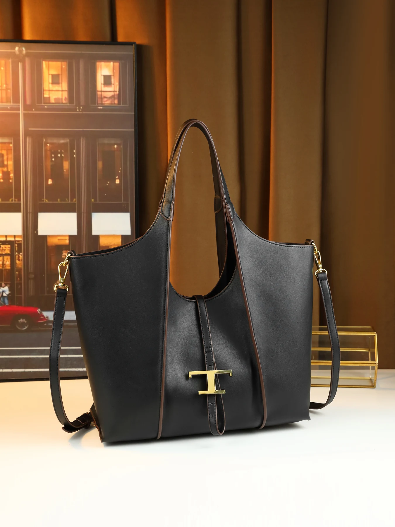 Cross-border new large-capacity handbag retro versatile single shoulder crossbody child and mother bag with T-shaped pendant