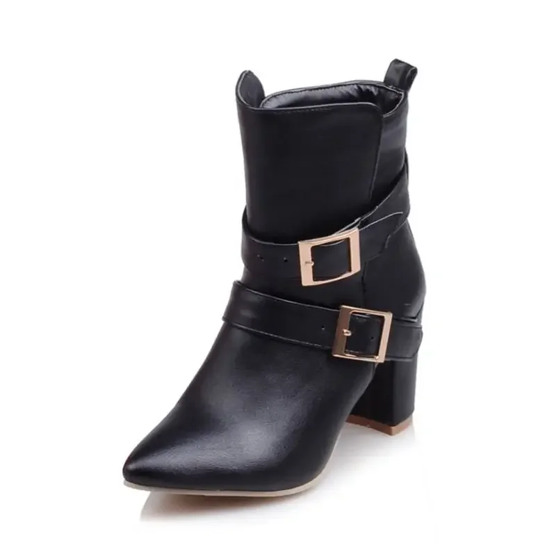 Big Size Ankle Boot Women Autumn Winter Pointed Toe White Black Red High Heels Belt Buckle Causal Party Dress Short Boots 9-5