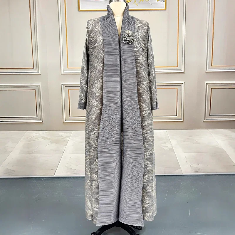 Miyake 2025 Summer New Chic Gold Foil Print Women's Pleated Trench Coat Elegant Loose Cardigan Robe New Casual French Clothing