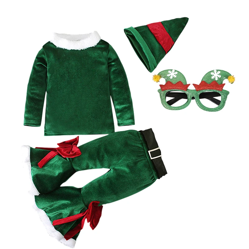 Green Elf Girls Christmas Costume Festival Santa Claus for Kids New Year Children Clothing Set Hat +Top +Pants Xmas Party Outfit