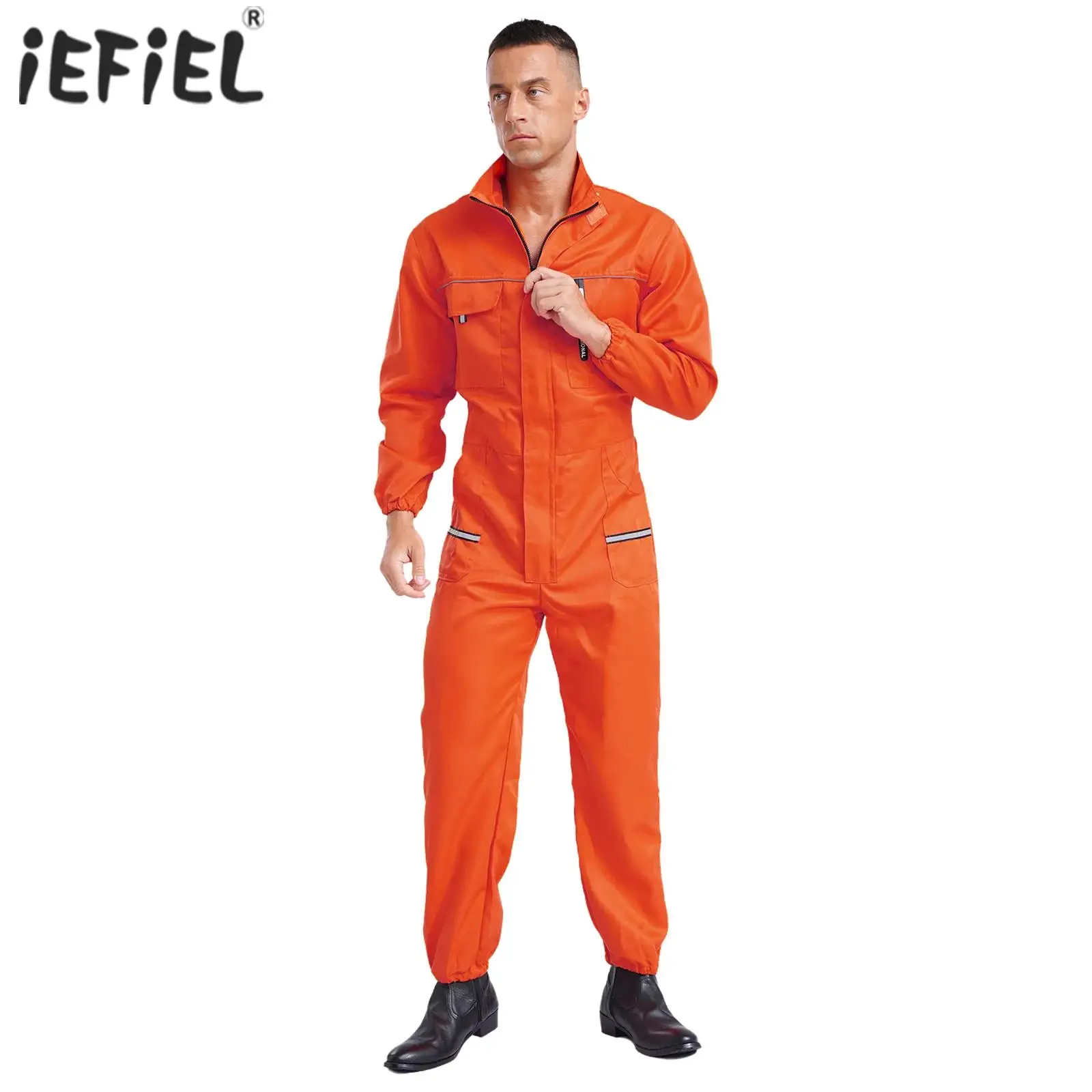 

Mens Reflective Stripes Coveralls Zipper Jumpsuits Vehicle Repair Overalls Factory Workshop Engineering Work Clothes with Pocket