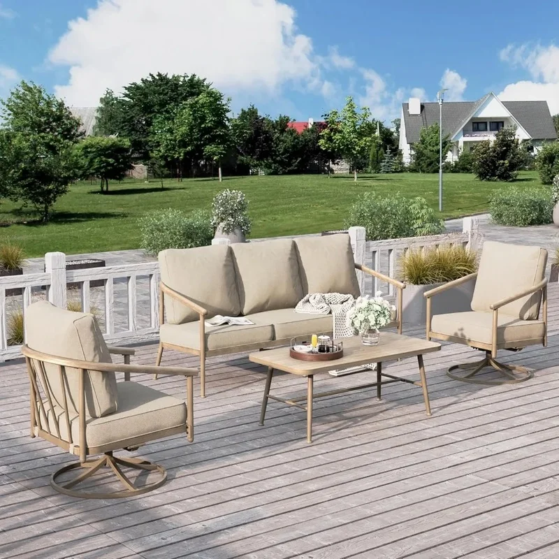 Outdoor Patio Furniture Set with 2 Swivel Chairs, 3-Seat Sofa, and Wood Grain Coffee Table, 5-Seat Windsor Style, All-Weather