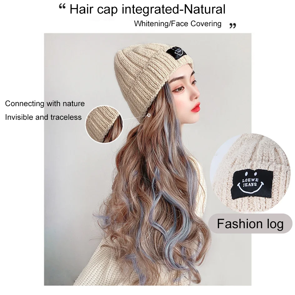 Synthetic 18 inch Knitted Hat With Long Curly Hair Hat Wig Wavy Wig Winter Wig Beige Blue Coffee Knitted Hat Christmas Outfit