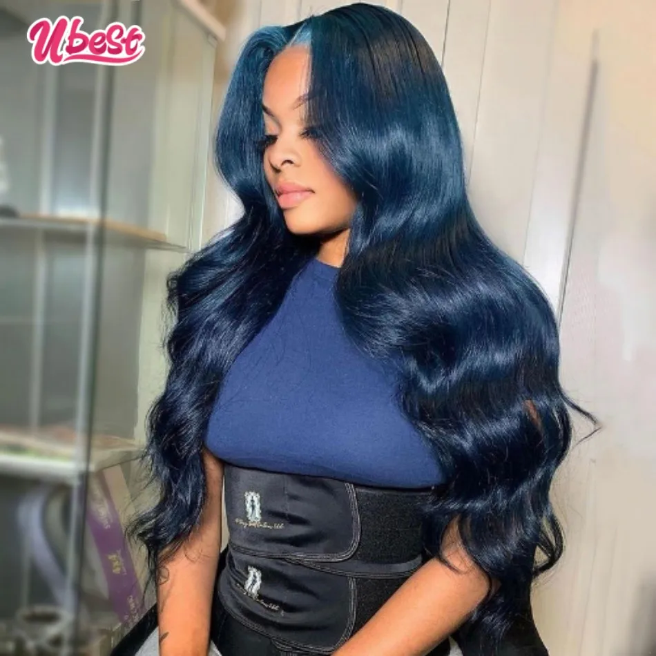 Ubest Dark Blue Wig Human Hair Brazilian Virgin Body Wave Transparent Lace Front Wig 180Density Human Hair Wigs Pre Plucked Remy