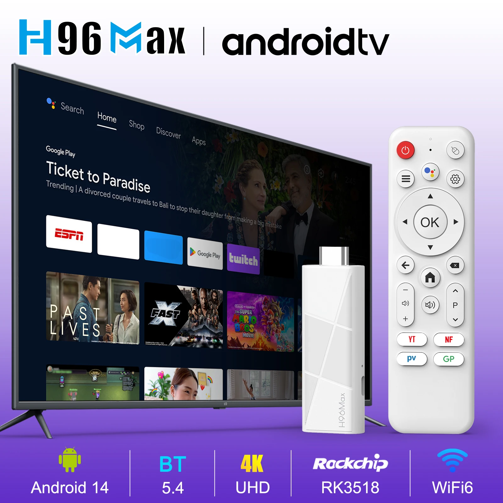 

H96Max RK3518 TV Stick Quad Core Cortex-A53 CPU 2GB RAM 8GB/16GB ROM WiFi BT 4K Support USB 2.0 Power Supply TV Stick