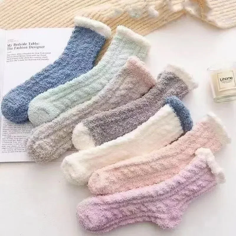 7 Pairs Colorful Knitted Breathable Comfortable Coral Velvet Thick Winter Warm Non Slip Home Floor Knee-High Socks