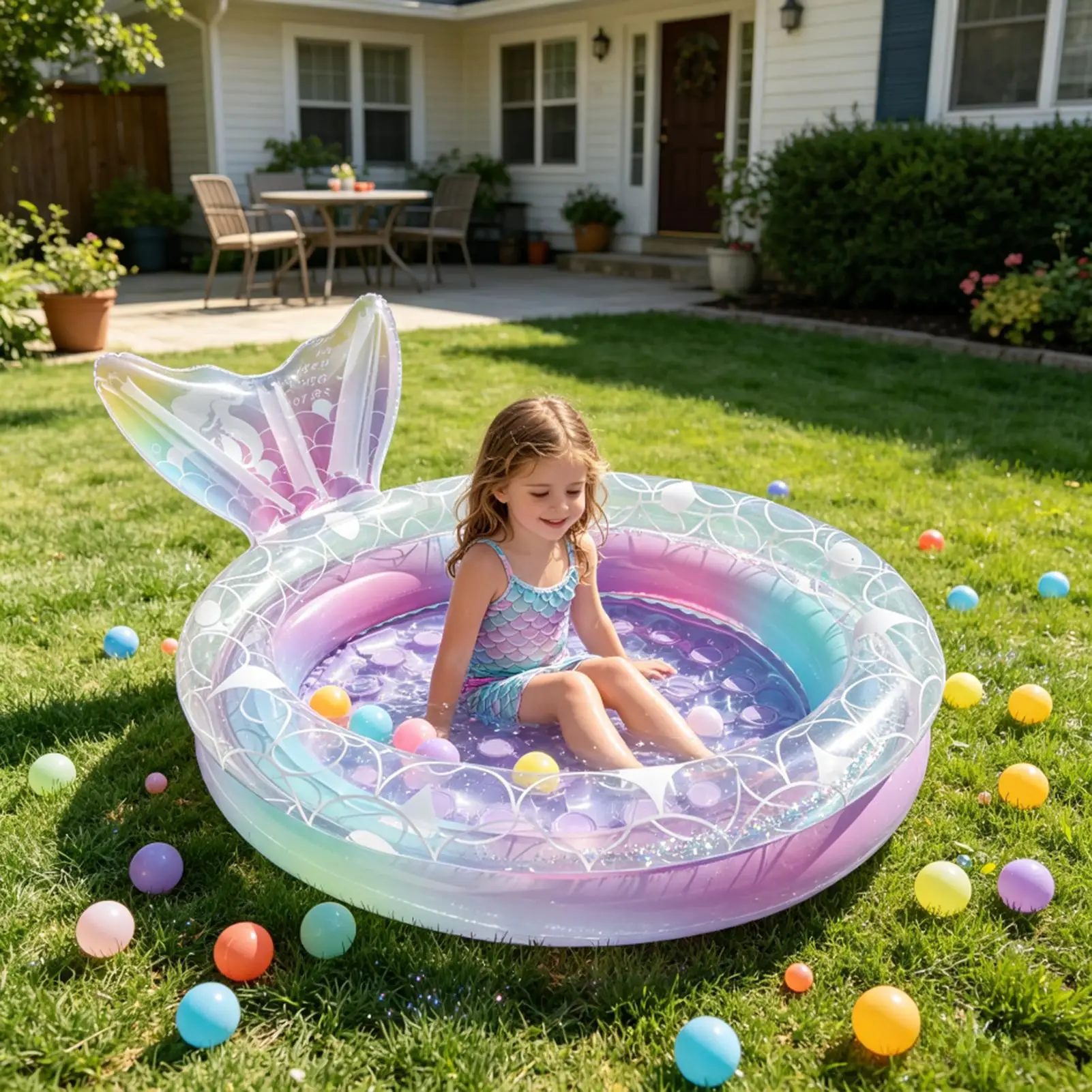 PVC Inflatable Kids Swimming Pool Round Blow-Up Mermaid Kiddie Ball Pit For Boys Girls Beach Summer Home Indoor Backyard