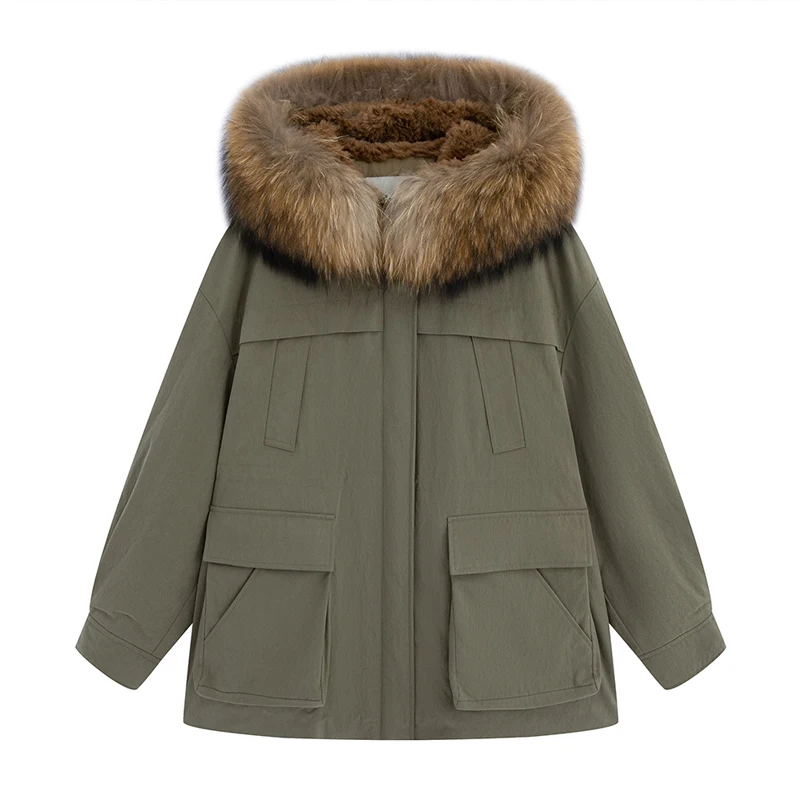 Fashion Detachable Real Raccoon Fur Collar Women's Loose White Goose Down Jacket Casual Army Green Female Warm Parka Coats