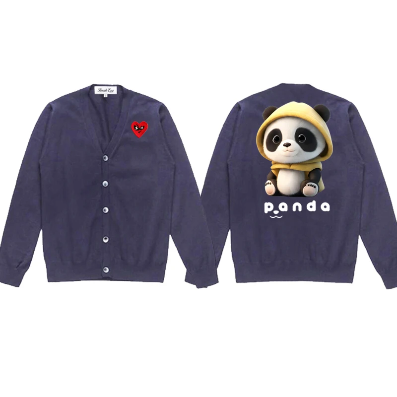 Panda with Hat Cartoon Printing Men Cardigan Cotton Red Cute Glasses Heart Embroidery V-Neck Single Breasted Autumn Fit Sweater