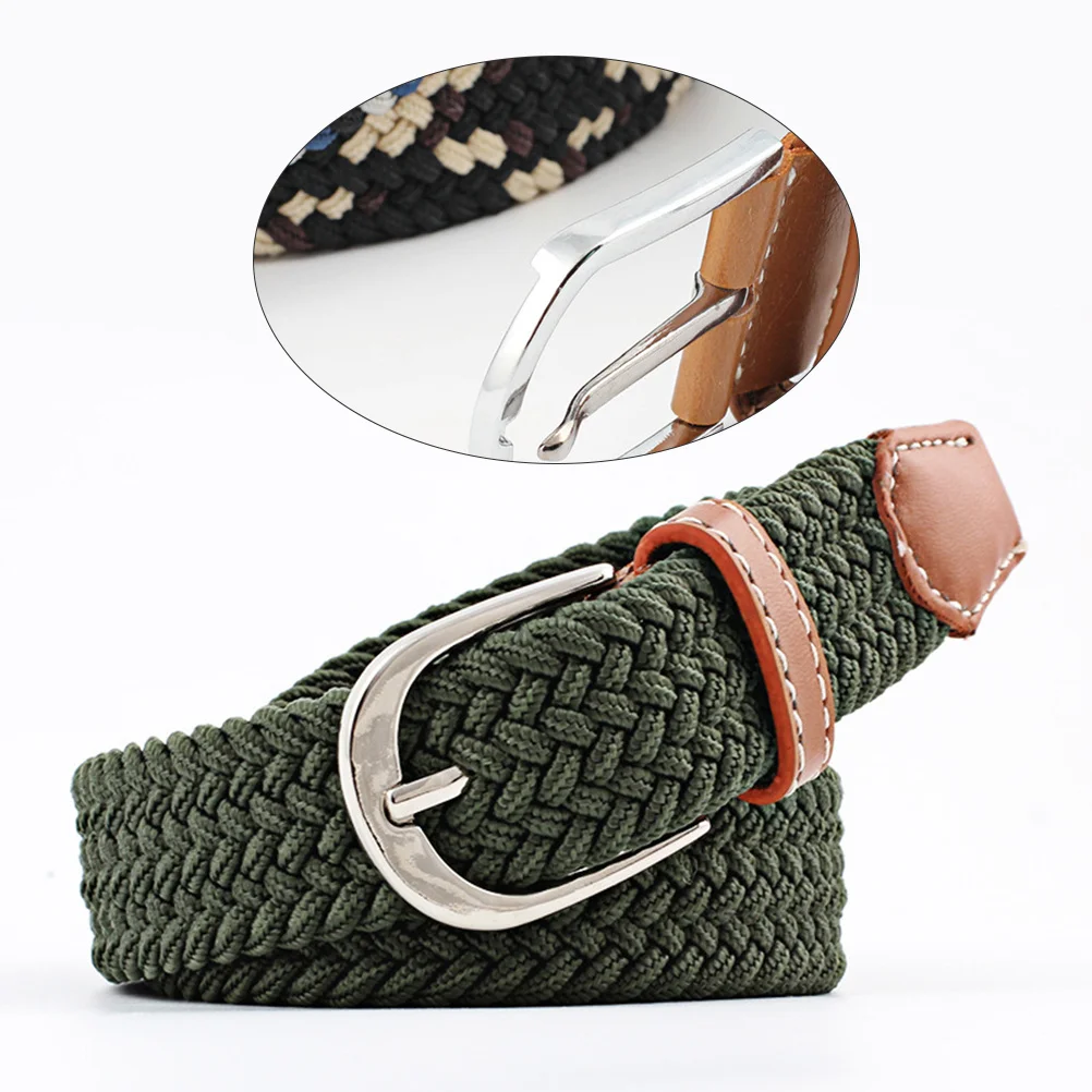 

Universal Braided Elastic Belt Army Green Stretchy Flat Weave Patterned Alloy Buckle PU Loop Adjustable Casual Workwear