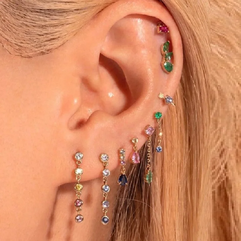 

Gold Plated Vermeil 100% 925 Sterling Silver Pastel Delicate Dainty Colorful CZ Dangle Drop Multi Piercing Women Earring