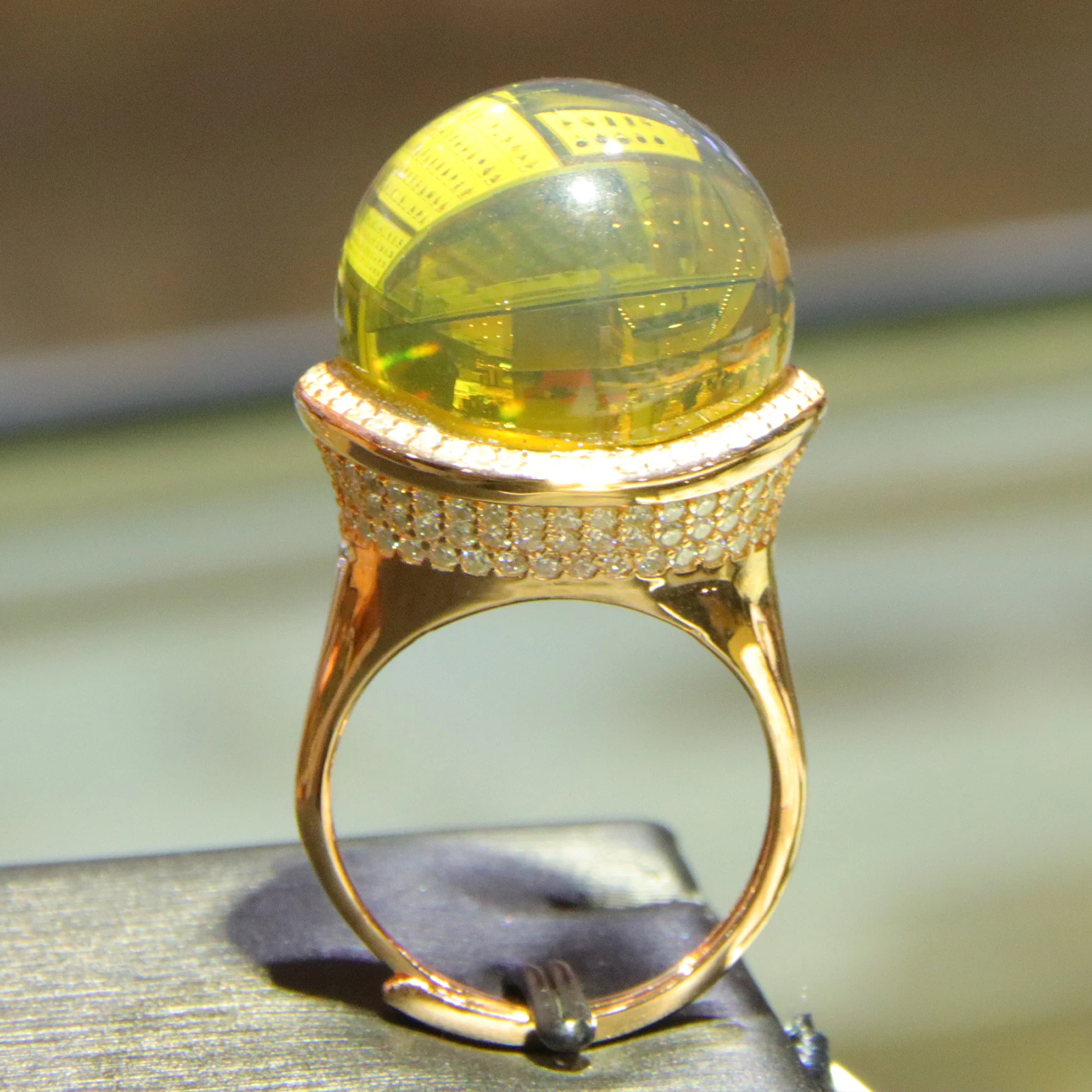 Anniversary Gift! 20mm Color Change Blue Amber Ring Gold Plated w/ Diamonds Adjustable Ring for Her