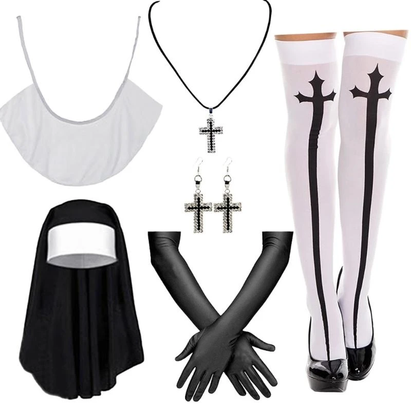 5asd แม่ชีเครื่องแต่งกายฮาโลวีนคอสเพลย์อุปกรณ์เสริม Headpiece ข้ามจี้สร้อยคอถุงน่องฮาโลวีนเครื่องแต่งกาย