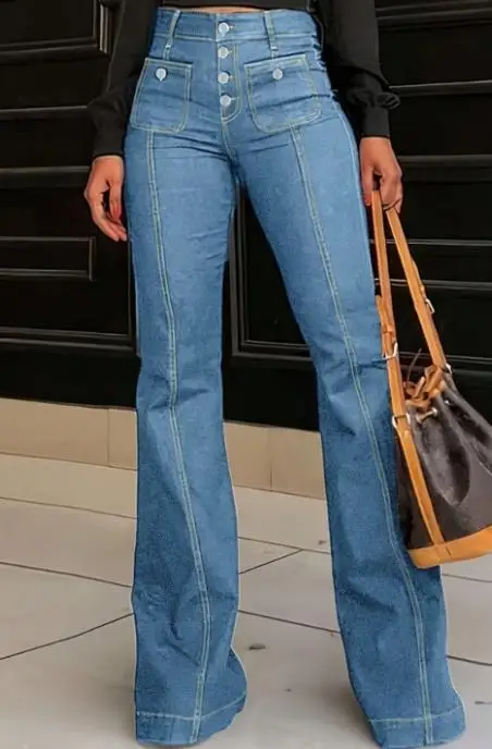 Amerykańskie jeansy damskie w stylu retro z wysokim stanem, zapinane na jeden guzik, z modnymi i stylowymi jednolitymi wzorami i rozszerzanymi nogawkami.