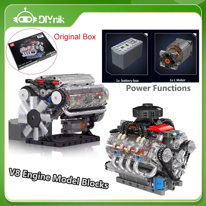 V8 Cylinder Engine Scale 10088 Model MOC Building Block Kit 10171 With Battery Box + L Motor Electrically Drive Bricks Toys Gift