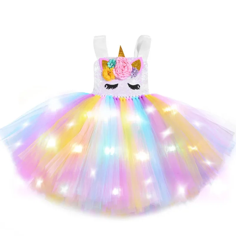 Girls Glittery Pastel Unicorn Costumes Led Lights Little Pony Princess Dresses for Kids Birthday Party Tutus Outfit with Wings