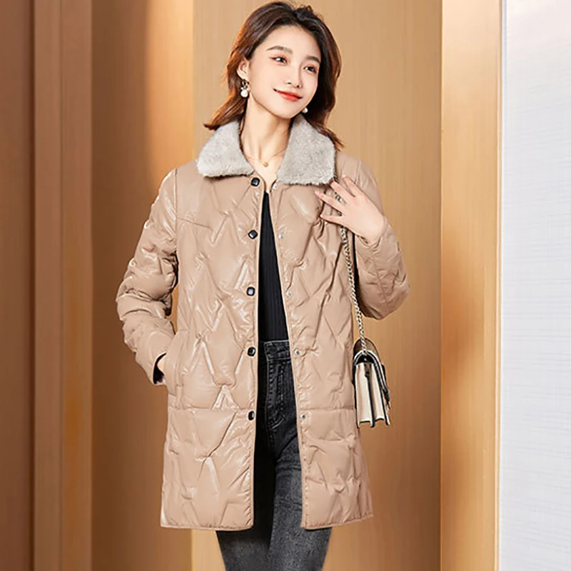 Autumn And Winter New Medium Long Leather Coat Add Thick Warm Casual Show Thin Cover Meat Coat Loose PU Leather Woman