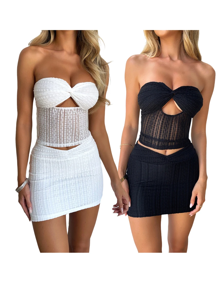 Tweedelige Rok Set Dames Mini Rokken Pak Zomer Sexy Outfit Cropped Top Rok Elegante Dames Kleding Wrap Borst Crop Top