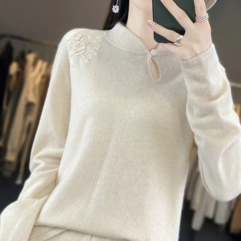 Women's Retro Embroidery Bottoming Cashmere Top, New Chinese Style, Wind Collar Wool Sweater, Ladies Pullover, Autumn and Winter