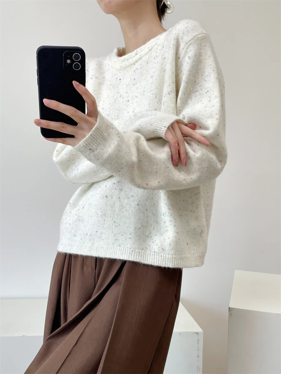 

Yuezhiya round Ne Color Dot Knitted Sweater ort Sle Worn out Design Women's Warm Loose Fit Long Sve Top