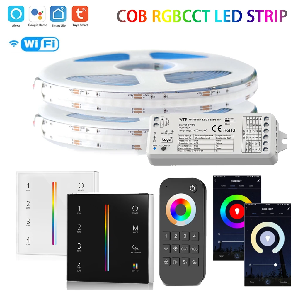 COB RGBCCT LED Strip 6Pin 840leds/m DC24V Light WT5 Wifi  WZ5 Zigbee 5 in 1 LED Controller 2.4G RF Remote Work With Alexa Google