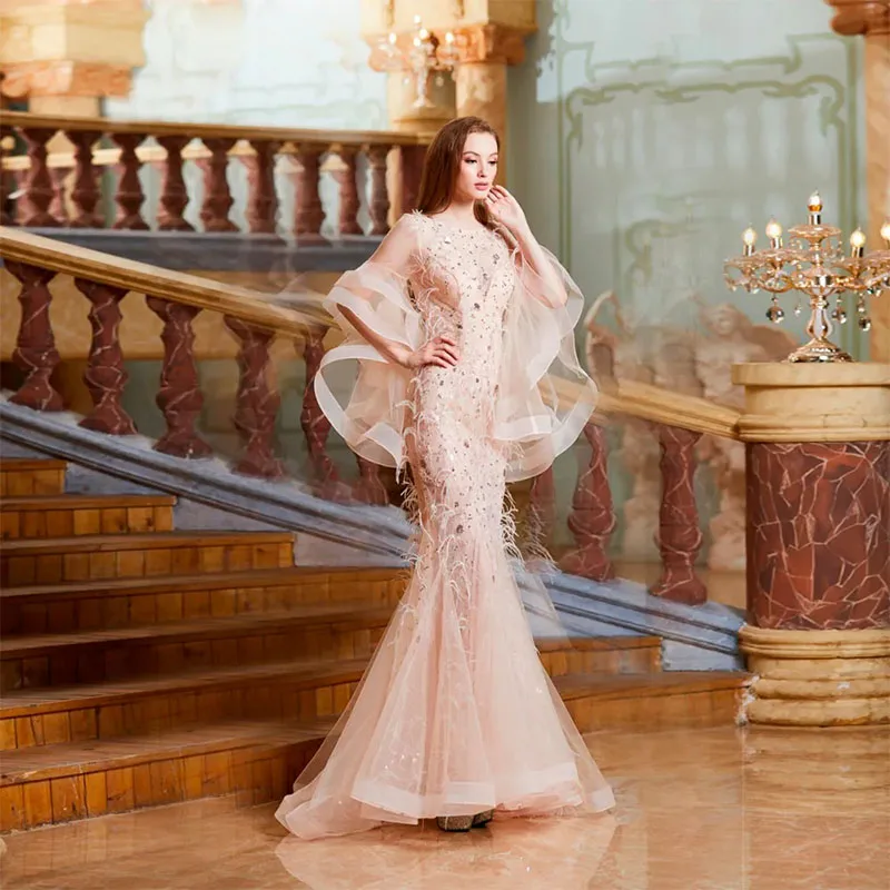 Robe de Soirée de Forme Sirène en Tulle et Paillettes, Tenue de Bal, à Volants, avec Plumes Appliquées, sur Mesure, avec Traîne, Nouvelle Collection