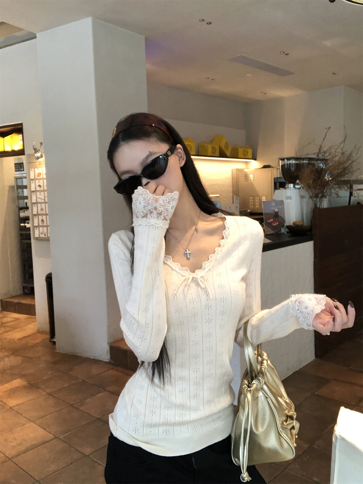 Y2K Cream Lace Trim V Neck Long Sleeve Top Women Pointelle Knit Bow Tie Slim Fit Flare Cuff Shirt 2000s Coquette Cute