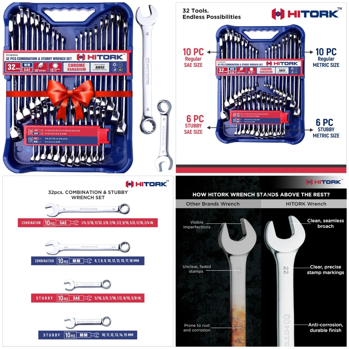 

Набор ключей из 32 предметов SAE и метрика, стандарт 20 и 12 Stubby, сталь Cr-V, 12-точечная зеркальная отделка, 15 шт. ° Смещение, с лотком-органайзером
