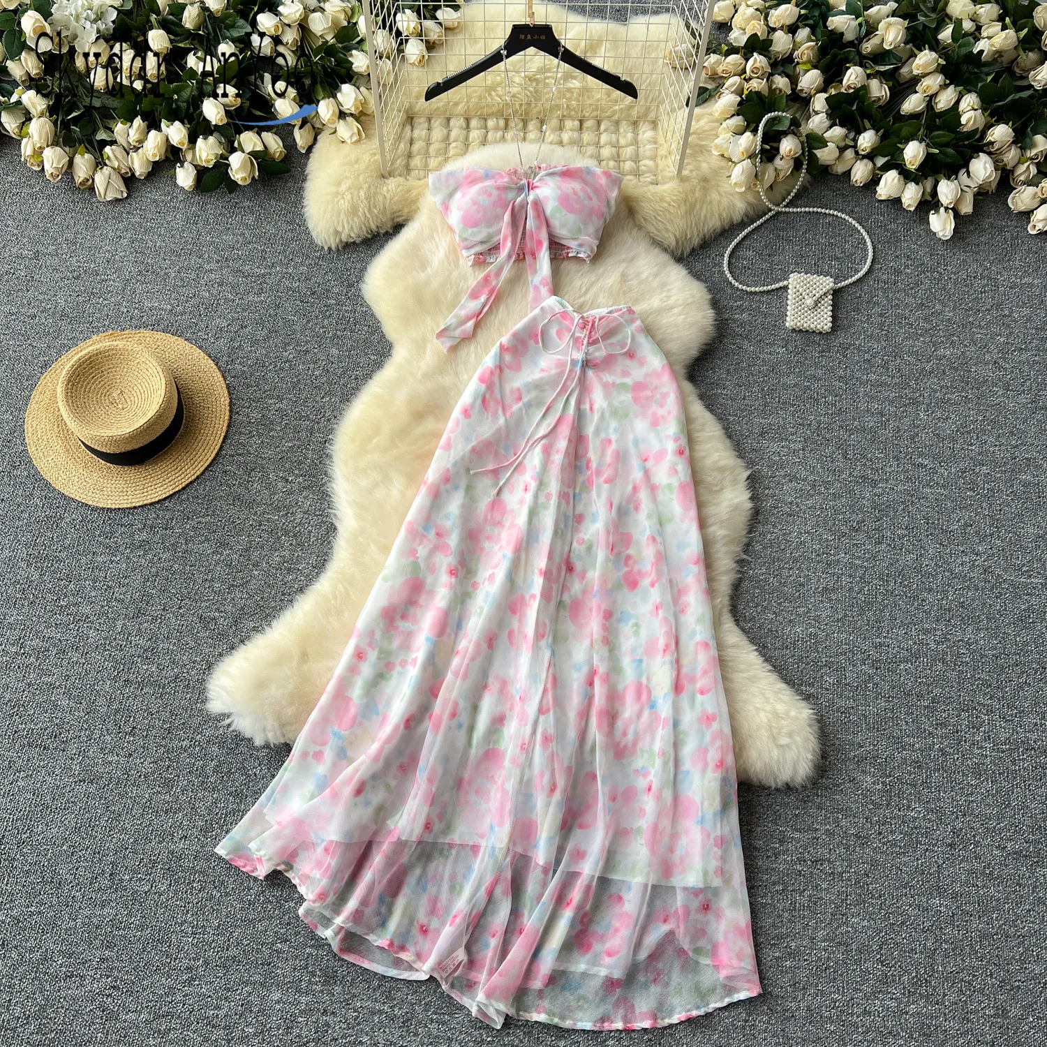 

Summer Two Piece Set For Women Outfit Vacation Sexy Suit Halter Strapless Cropped Tops And Long Skirts New In Matching Sets