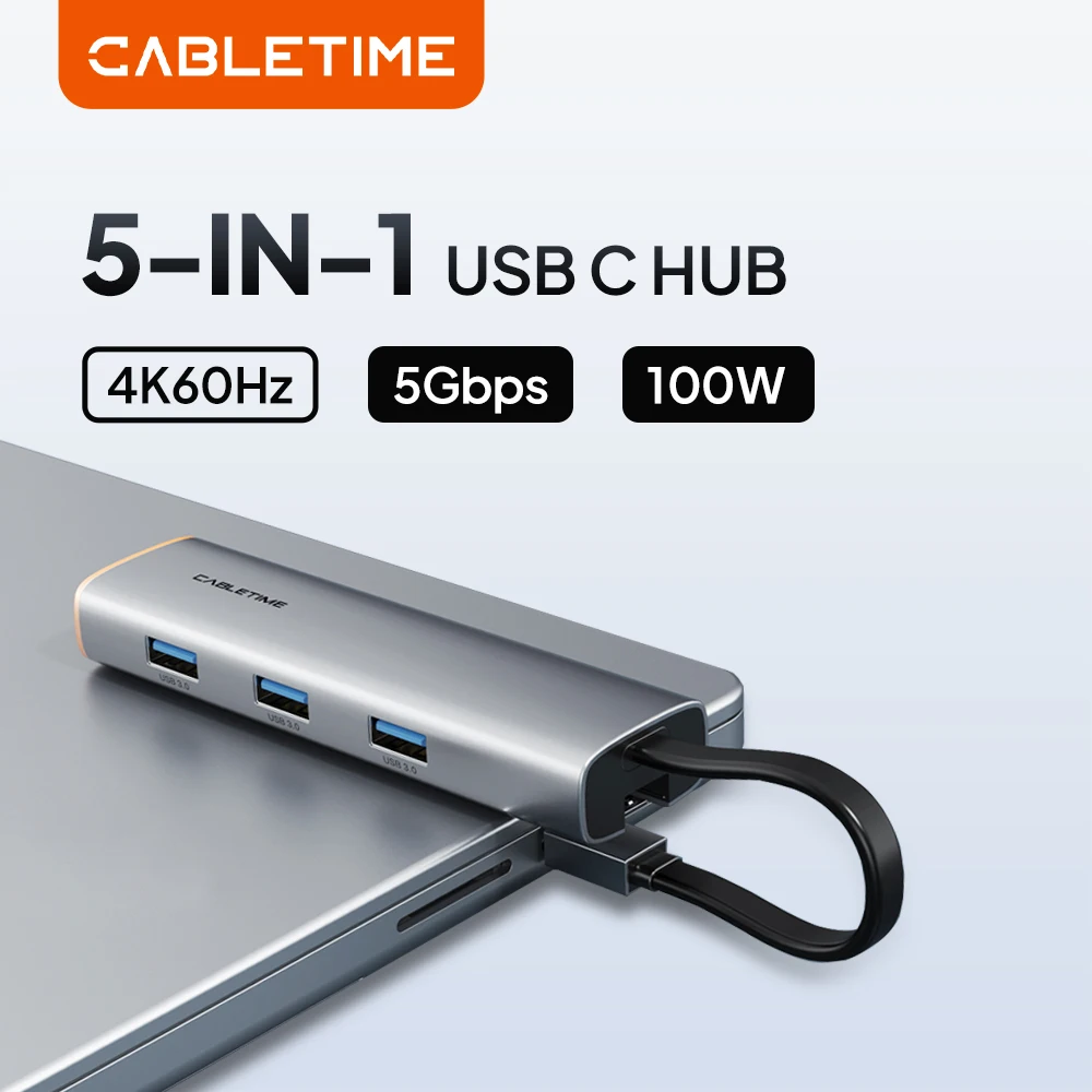 

CABLETIME 5 IN 1 HUB C HUB 4K@60Hz Resolution 5Gbps High Speed Data Transmission PD100W Fast Charging for Macbook Laptop DELL