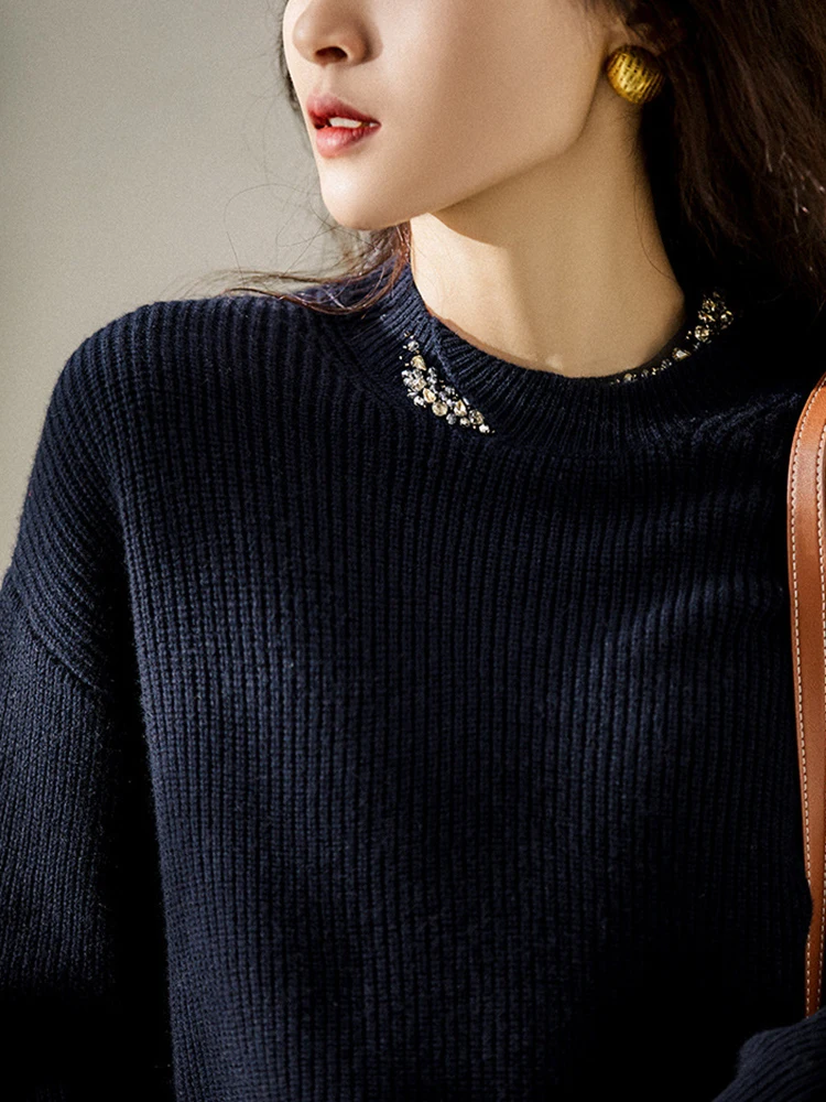 

Элегантный вязаный свитер с длинными рукавами и круглым вырезом, с роскошной отделкой, осенне-зимний топ