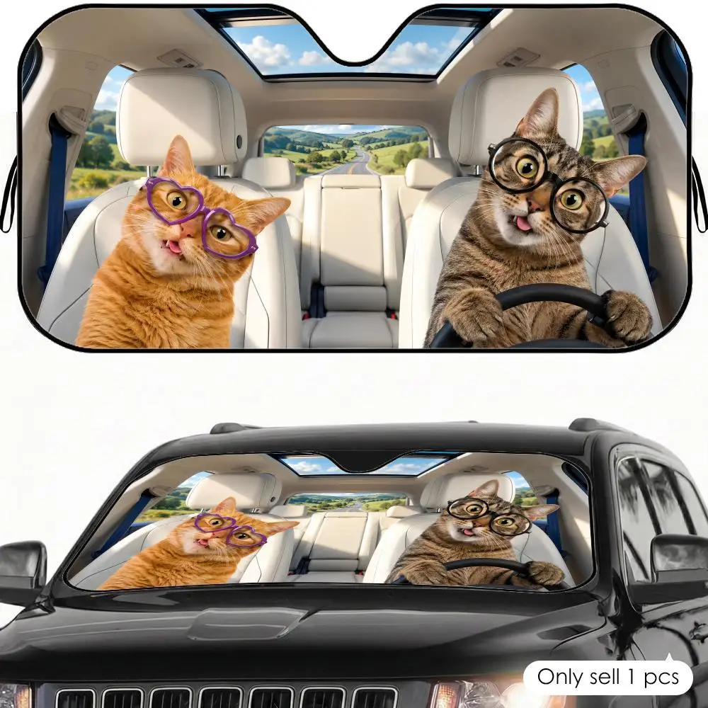 

Silly Cat with Glasses Sun Visor Car Windshield Sunshade UV Protection Reflective Foldable Heat Insulation Cover