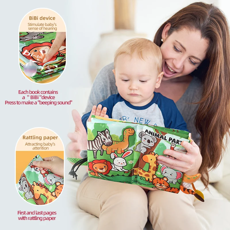 Morbido libro per bambini 6 pagine Libro in stoffa con coda per feste di animali Può morso Suono di bruciature Giocattoli per bambini Regalo di compleanno