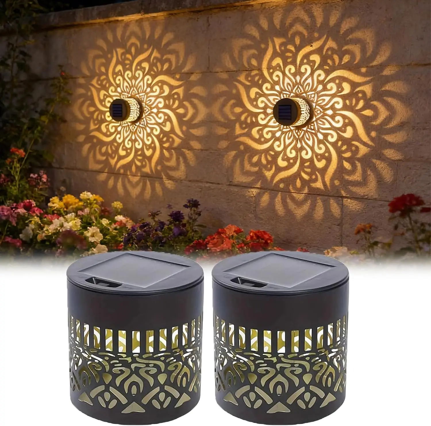 2-Pack Solar Garden Lights IP65 Durable Metal Outdoor LED Lanterns with Mandala Hollow Design Weatherproof Ambient Night Lights for Yard Patio Deck Stairs Walls Driveway Fence